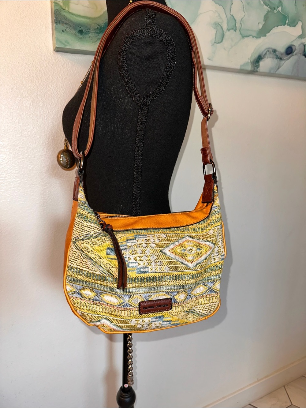 Patterned Yellow Crossbody Bag with Brown Strap
